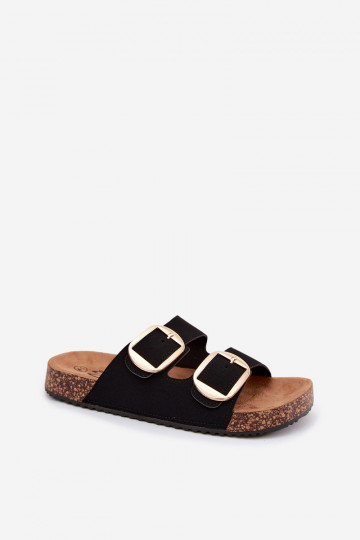 Black women's slippers with buckles on a cork sole Bubbelia