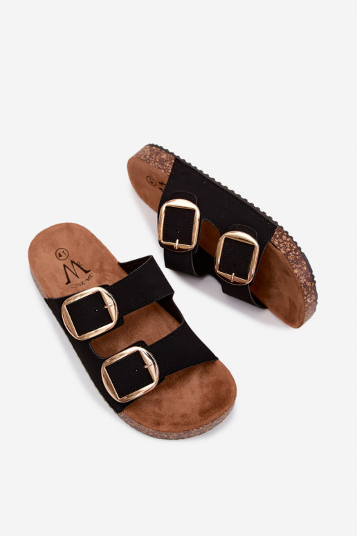 Black women's slippers with buckles on a cork sole Bubbelia