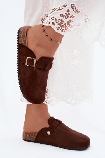 Women's clogs with platform and buckles in chocolate color Selio