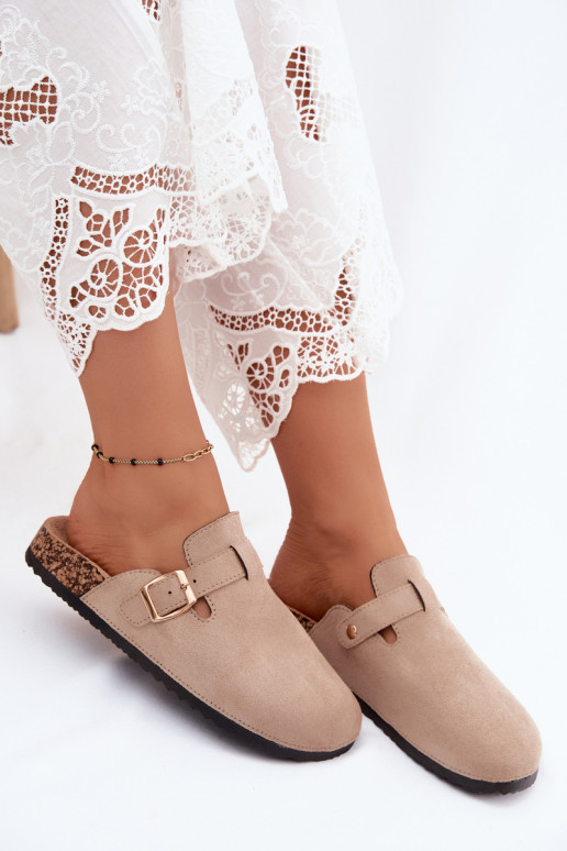 Women's clogs with buckles in sand color faux suede Glamora