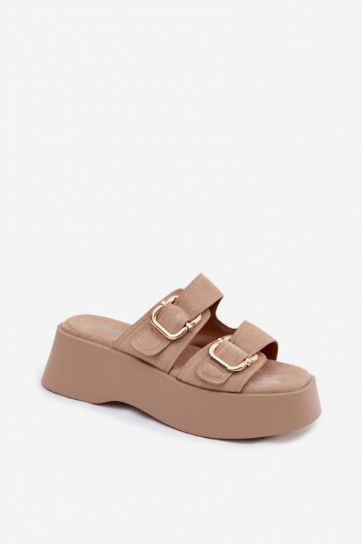 Women's clogs with platform and buckles in gold color faux suede Hazelia