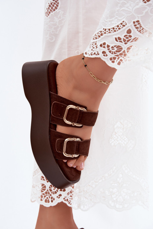 Women's clogs with platform and buckles in chocolate color faux suede Hazelia