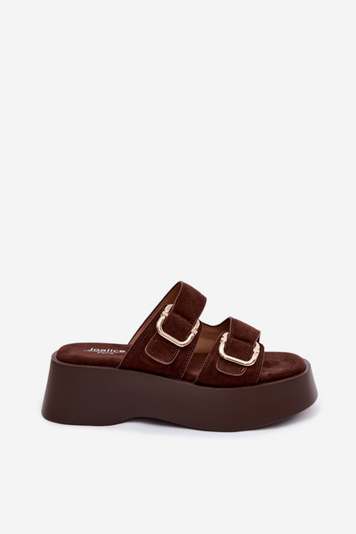 Women's clogs with platform and buckles in chocolate color faux suede Hazelia