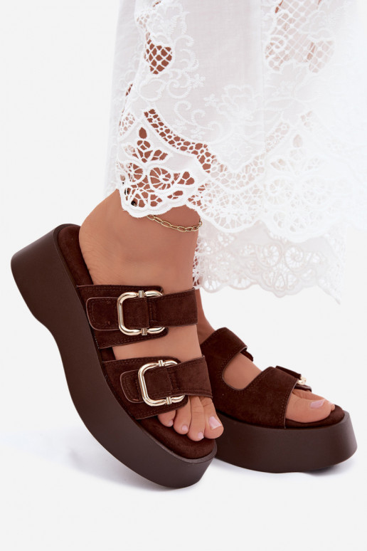Women's clogs with platform and buckles in chocolate color faux suede Hazelia