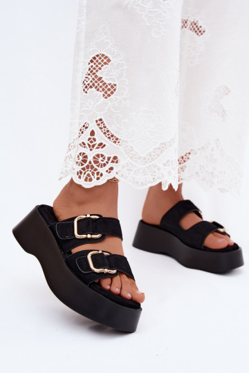 Women's clogs with platform and buckles in black color faux suede Hazelia 2