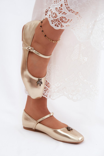 Women's ballerinas with straps and buckle in gold color faux leather Pinea
