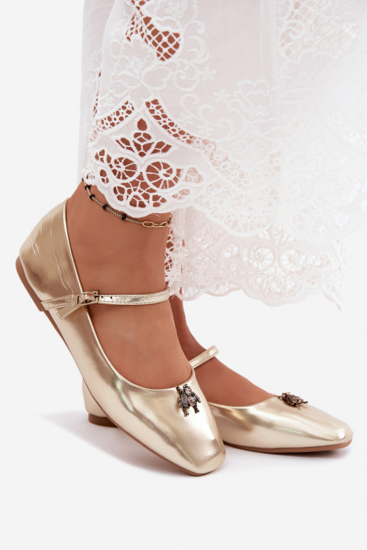 Women's ballerinas with straps and buckle in gold color faux leather Pinea