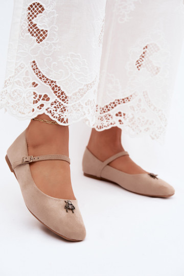 Women's ballerinas with straps and buckle in sand color faux suede Pinea 2