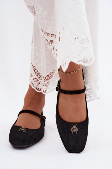 Women's ballerinas with straps and buckle in black color faux suede Pinea 2