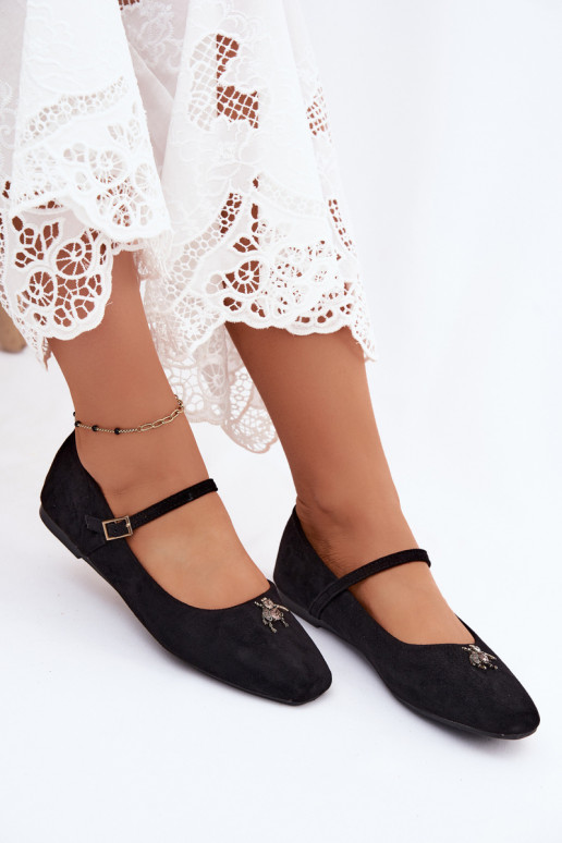 Women's ballerinas with straps and buckle in black color faux suede Pinea