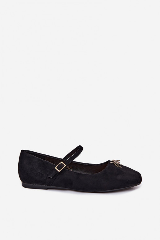 Women's ballerinas with straps and buckle in black color faux suede Pinea