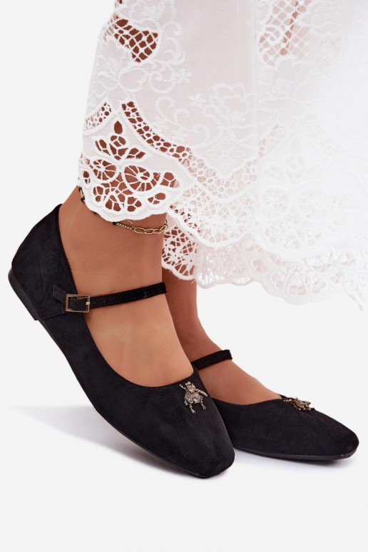 Women's ballerinas with straps and buckle in black color faux suede Pinea