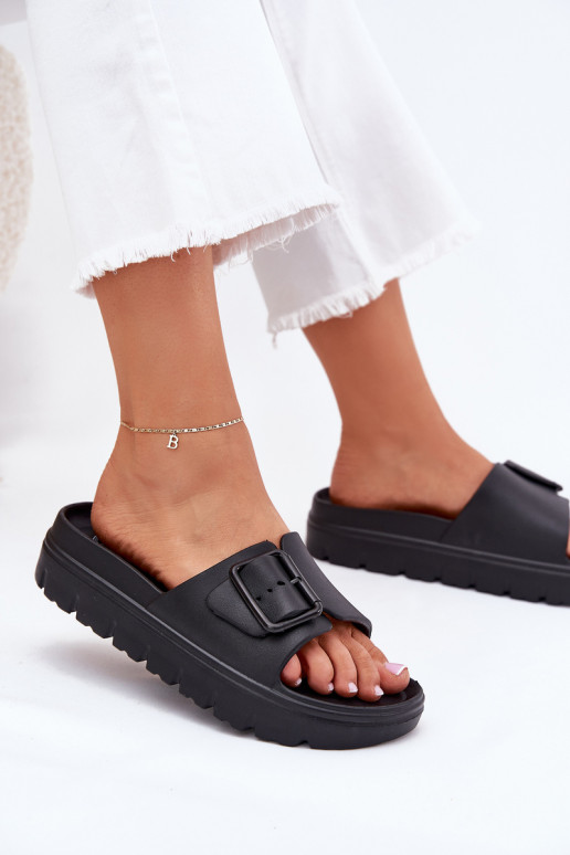 Black women's lightweight platform slippers with buckles Viasara