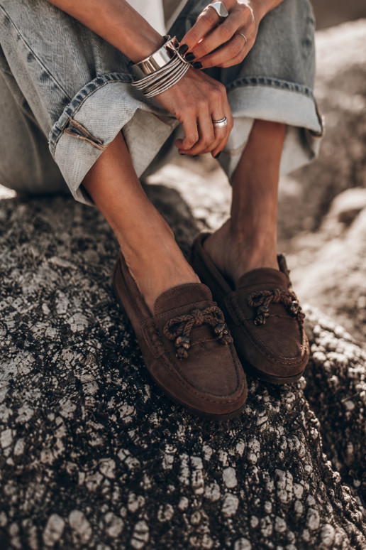 Women's moccasins with bows and fringes in faux suede chocolate color Bluebell