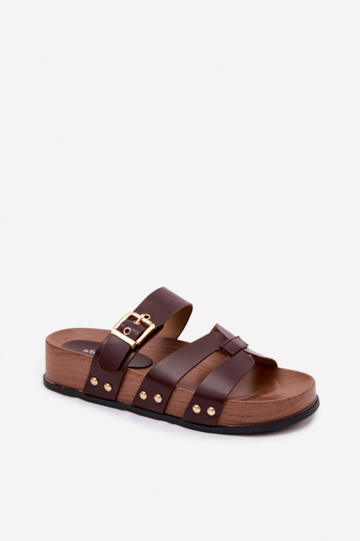 Women's slippers made of faux leather with buckles in brown Cambria