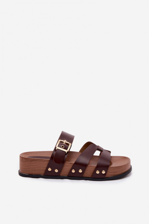 Women's slippers made of faux leather with buckles in brown Cambria
