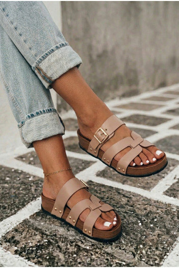 Women's slippers made of faux leather with buckles in sand color Cambria