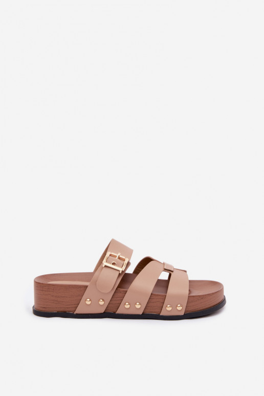 Women's slippers made of faux leather with buckles in sand color Cambria