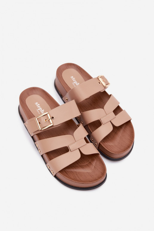 Women's slippers made of faux leather with buckles in sand color Cambria