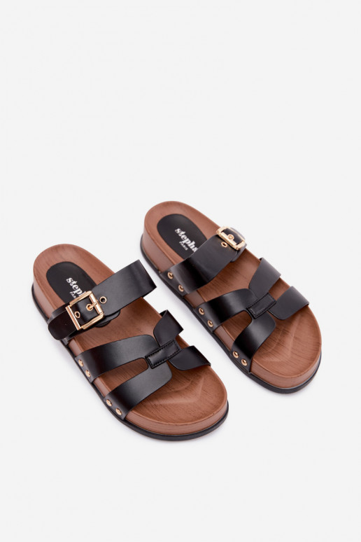 Women's slippers made of faux leather with buckles in black Cambria
