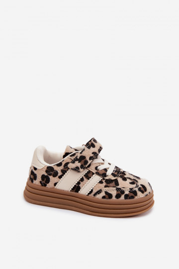 Children's sneakers with leopard print and Velcro in sand color Satinia