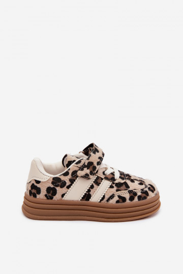 Children's sneakers with leopard print and Velcro in sand color Satinia 2