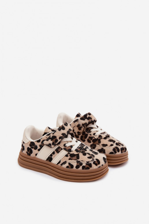 Children's sneakers with leopard print and Velcro in sand color Satinia