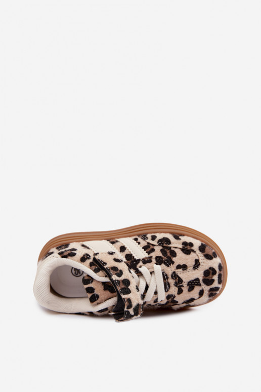 Children's sneakers with leopard print and Velcro in sand color Satinia