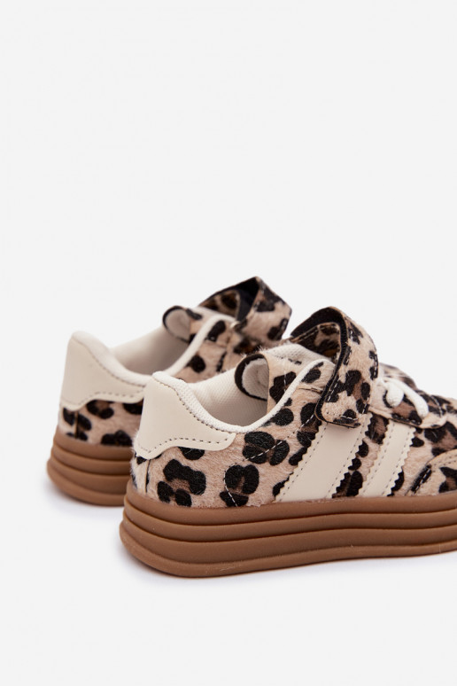 Children's sneakers with leopard print and Velcro in sand color Satinia