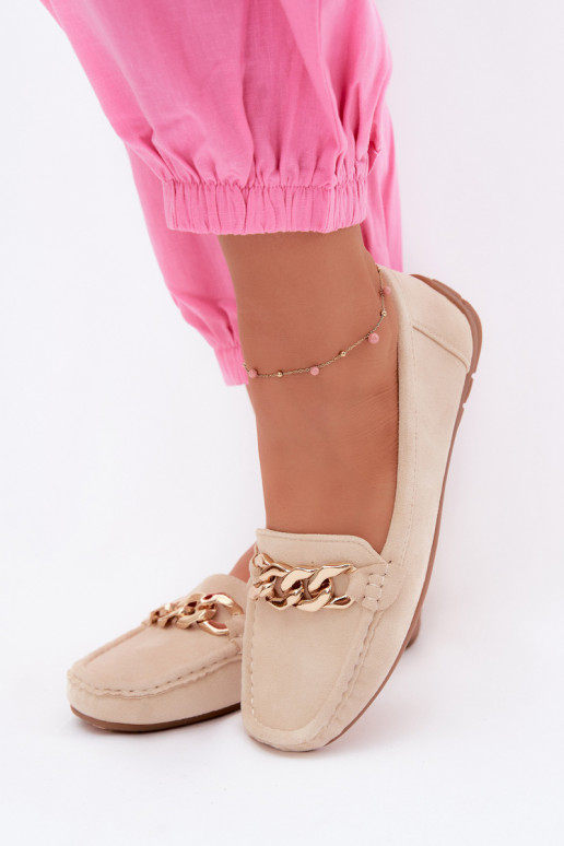 Women's gold loafers with chain faux suede sand Amaretto