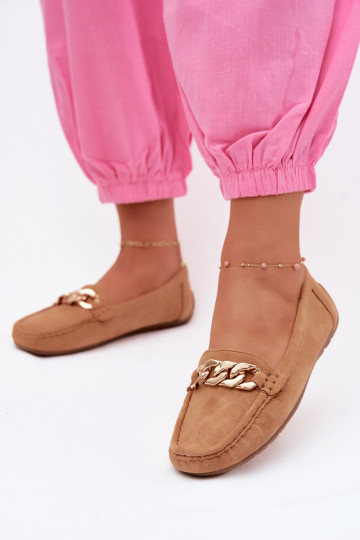 Women's gold loafers with chain faux suede brown Amaretto 2