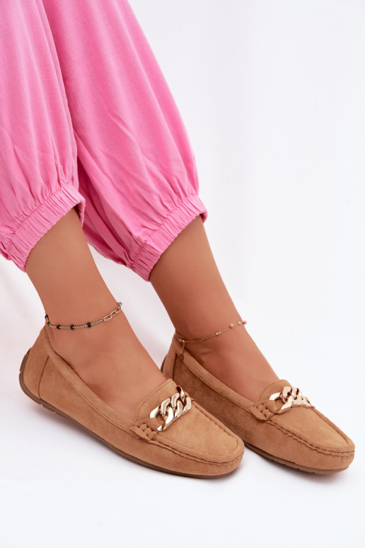 Women's gold loafers with chain faux suede brown Amaretto