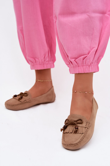 Women's flat loafers with bows and tassels faux suede sand Bluebell 2