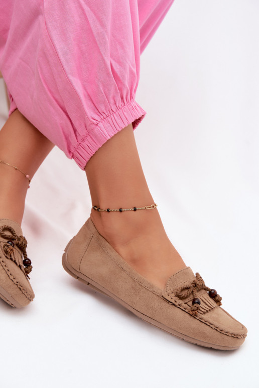 Women's flat loafers with bows and tassels faux suede sand Bluebell