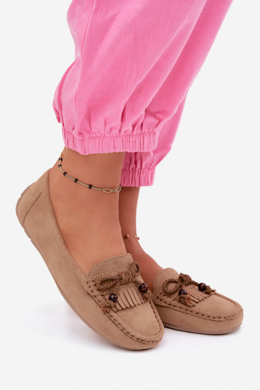 Women's flat loafers with bows and tassels faux suede sand Bluebell