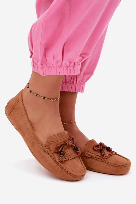 Women's moccasins with bows and fringes in faux suede brown color Bluebell