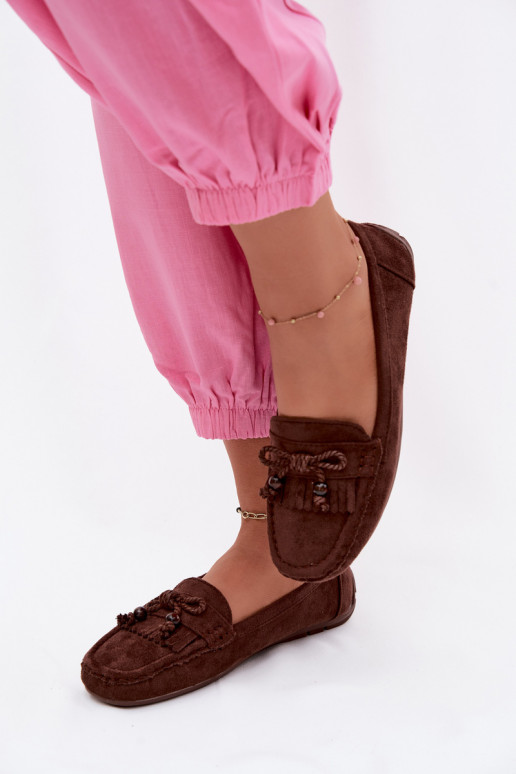 Women's moccasins with bows and fringes in faux suede chocolate color Bluebell