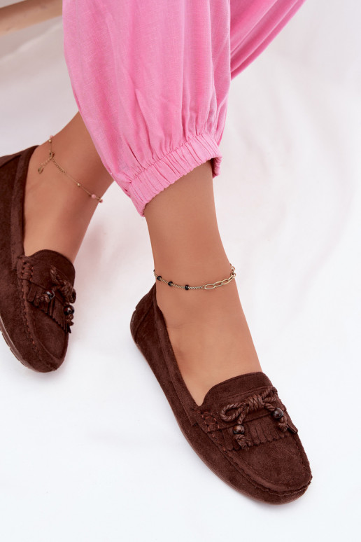 Women's moccasins with bows and fringes in faux suede chocolate color Bluebell