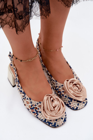 Patterned women's sandals with heels and ornaments Artiker 58C0372 sand and dark blue color
