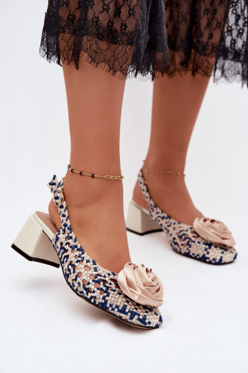 Patterned women's sandals with heels and ornaments Artiker 58C0372 sand and dark blue color 2