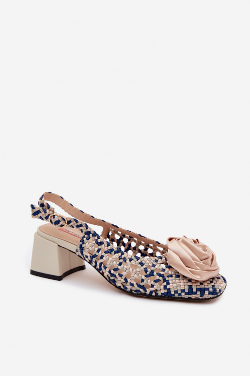 Patterned women's sandals with heels and ornaments Artiker 58C0372 sand and dark blue color