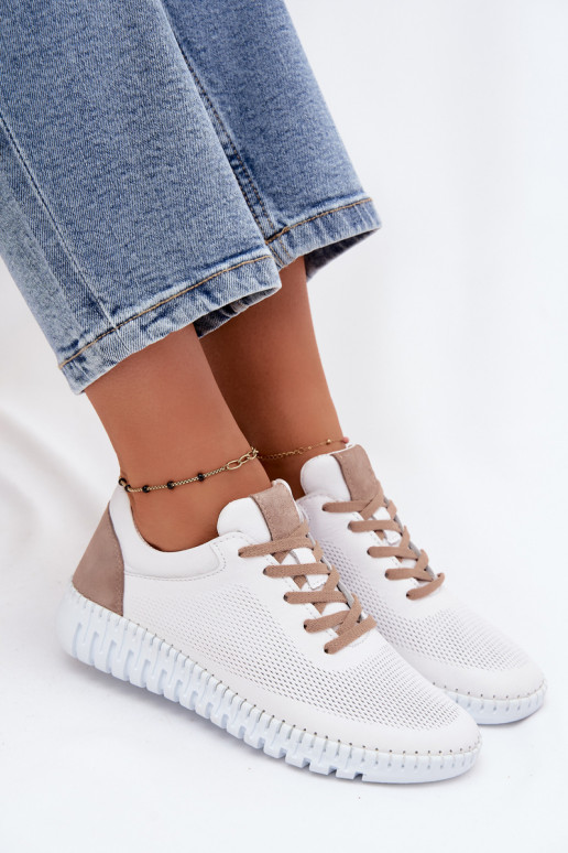 Leather sports shoes for women Artiker 58C3083 white and brown color