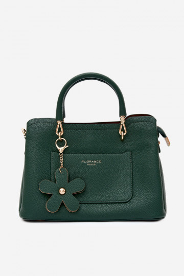 Handbag with faux leather keychain with floral motifs in bottle green Noomi