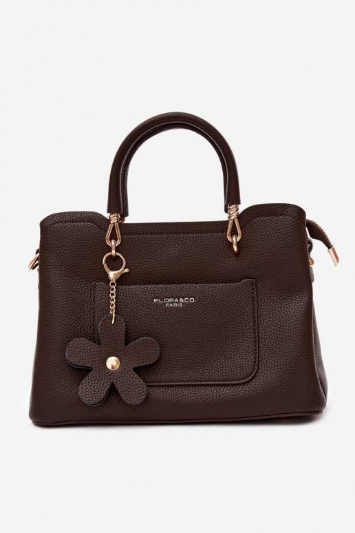 Handbag with faux leather keychain with floral motifs in chocolate Noomi