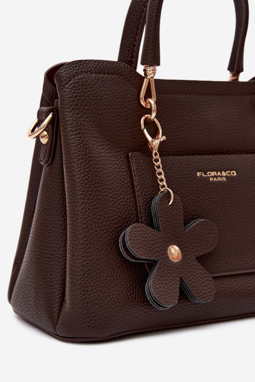 Handbag with faux leather keychain with floral motifs in chocolate Noomi