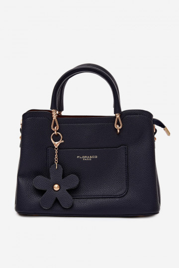 Handbag with faux leather keychain with floral motifs in dark blue Noomi