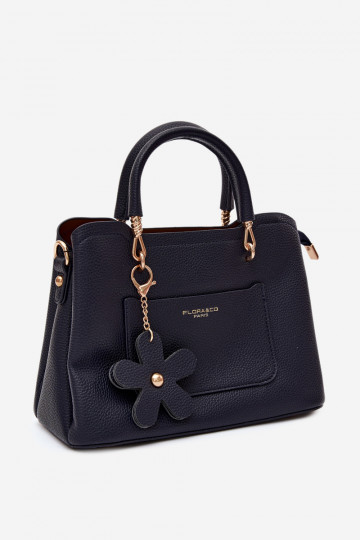 Handbag with faux leather keychain with floral motifs in dark blue Noomi 2