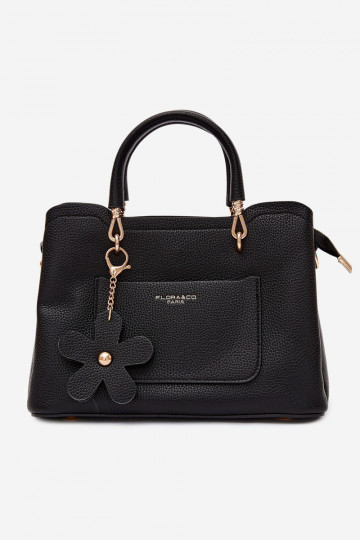 Handbag with faux suede keychain with floral motifs in black Noomi