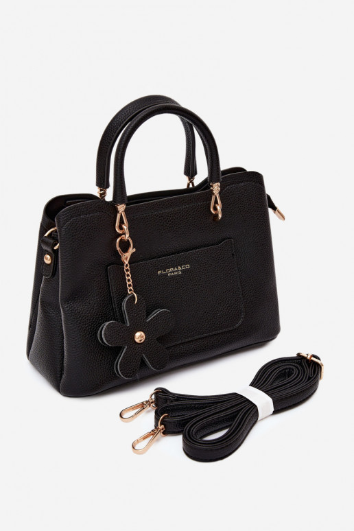 Handbag with faux suede keychain with floral motifs in black Noomi
