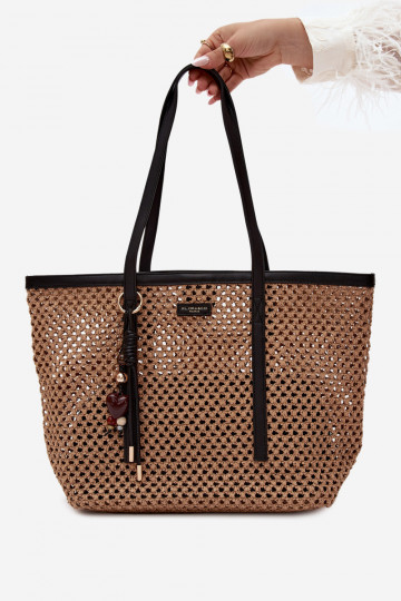 Black woven shopper handbag with pendant Noella